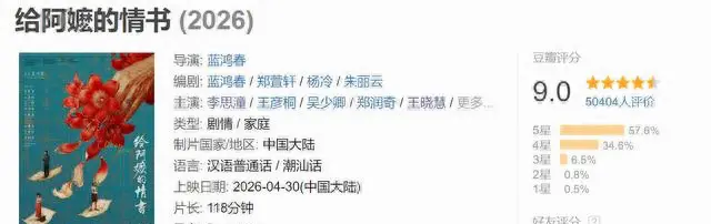 《阿嬷的情书》豆瓣开分9.0，潮汕侨批题材电影实现票房与口碑双突破 | 细节速览